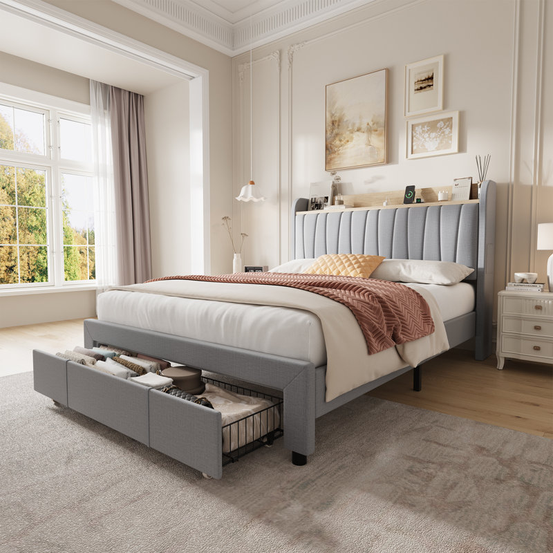 Base de lit rembourrée moderne avec tête de lit et tiroirs de rangement - Station de charge intégrée - Lattes de bois de couleur robuste - Robuste, sans bruit, aucun sommier nécessaire pour la chambre à coucher, appartement, chambre d'enfant ou chambre d'amis - COMPLET