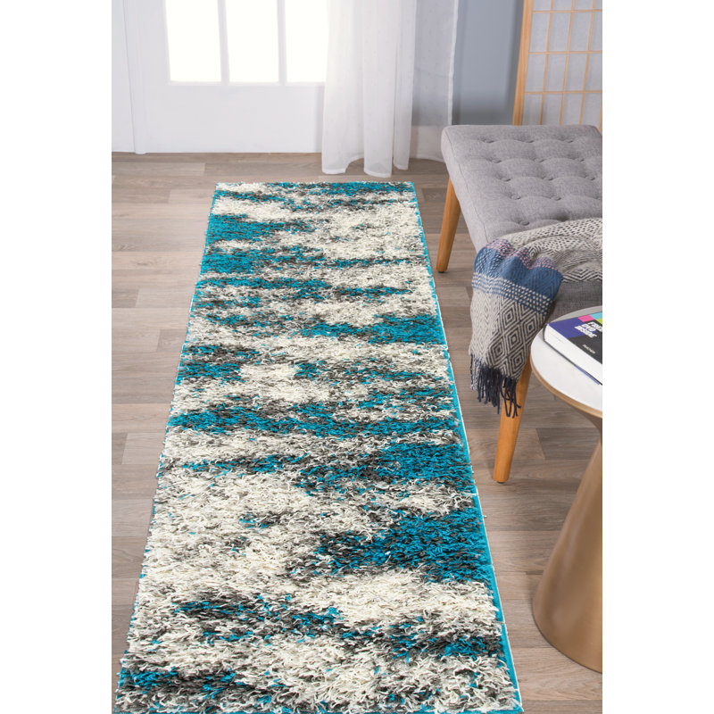 Tapis à poil long turquoise / gris / blanc Solana, Tapis de couloir de 2 pi x 7 pi