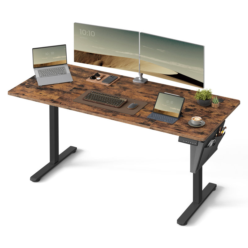 Ashala Adjustable Metal Base Standing Desk with Power Outlet, 120cm H x 160cm W x 60cm D, Rustic Brown/Black