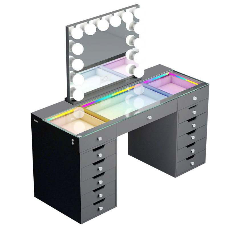 Makeup Vanity Set with LED Lighted Mirror HD Glass Top Built-in LED Light RGB Strips Large 13 Drawers, White