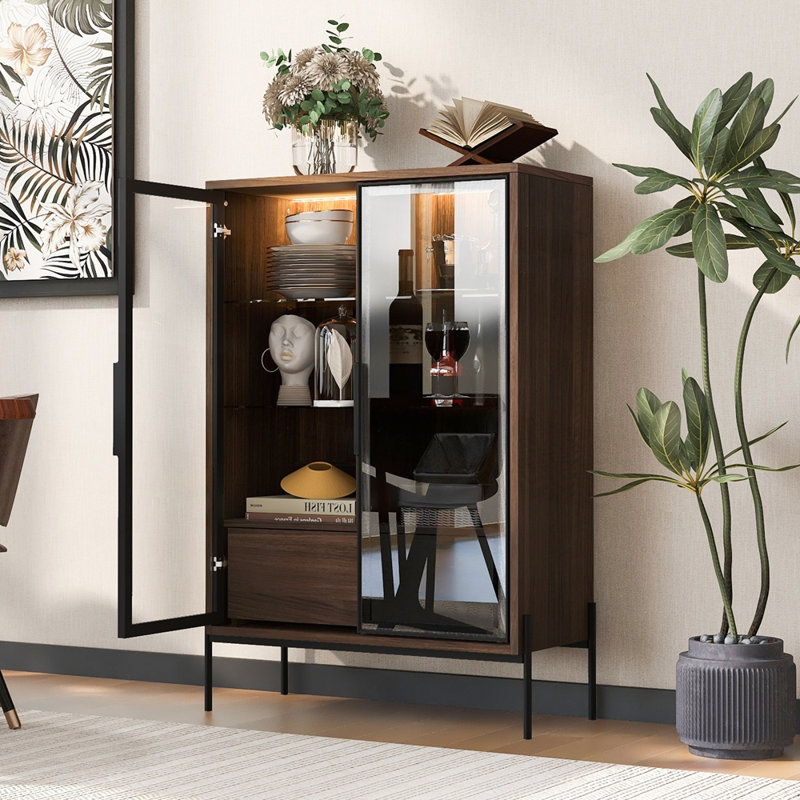 LED Lighted Display Cabinet with Tempered Glass Shelves and Drawers for Modern Home Decor, Brown