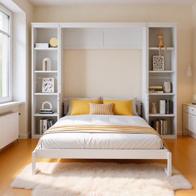 White Solid Pine Murphy Bed with Foldable Desk and Bookshelf Storage, Space-Saving Wall Bed Cabinet with Wood Slat Support for Home Office or Guest Room