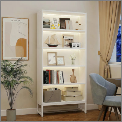 Tall Bookcase with LED Lights, 5 Tier Bookshelf with Storage, Heavy Duty Wood Bookshelf with Adjustable Lighting, Freestanding Display Cabinet for Living Room, Bedroom, Home Office, Study Room(White)
