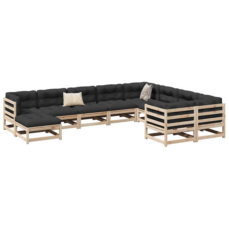  Ensemble de canapé de jardin modulaire en bois de pin massif naturel, Coussin gris foncé / structure naturelle