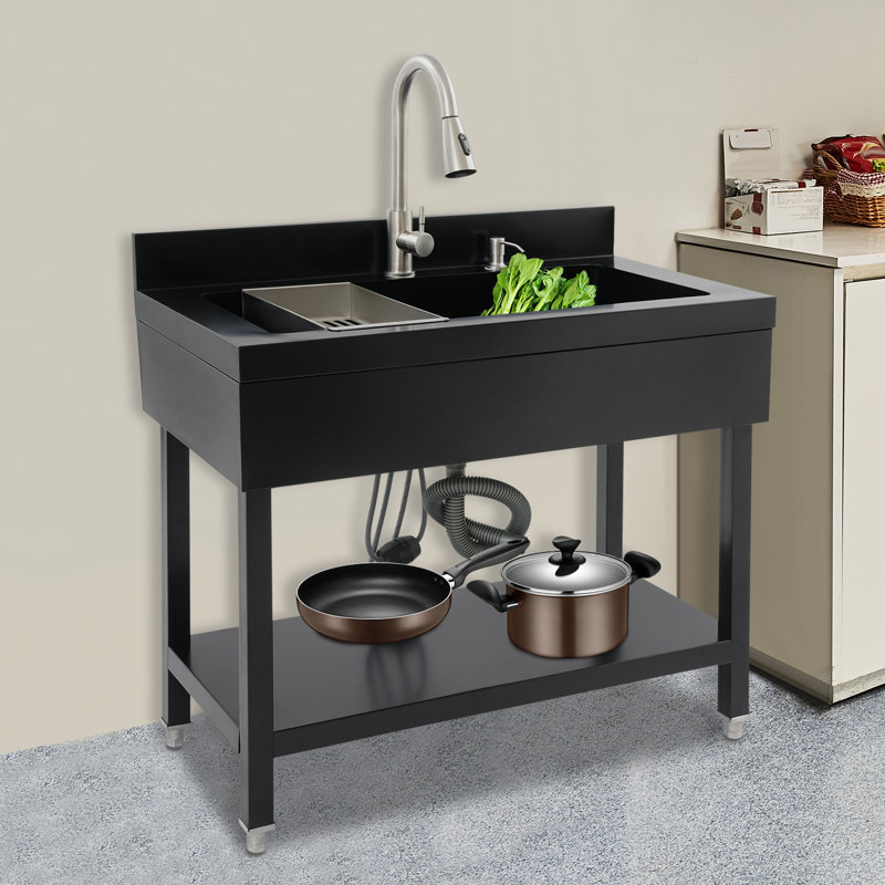Freestanding Kitchen Sink Stainless Steel Utility Sink Laundry&Utility Room Sink Rectangular Single Bowl Sink With Pull-Out Faucet