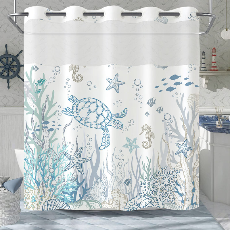  Rideau de douche sans crochet avec doublure encliquetable, ensemble de rideaux de salle de bain Nautical Coastal