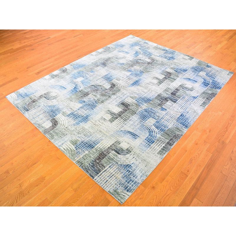 Tapis bleu / gris noué à la main de conception unique 8 pi x 10 pi 2 po Forseti