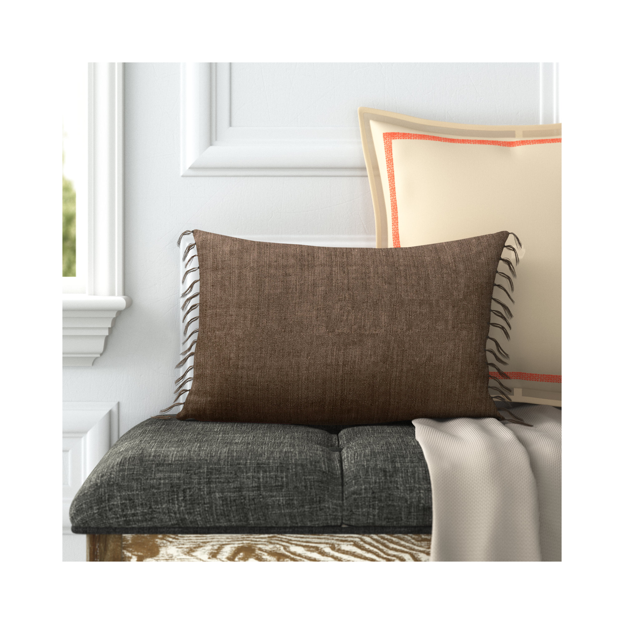 Sharron Tassels Linen Lumbar Throw Pillow, Brown, Polyester/Polyfill