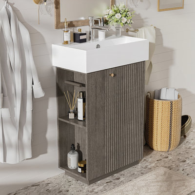 Meuble-lavabo compact en céramique avec structure en panneau de fibres à densité moyenne et protection contre le débordement pour les petits espaces