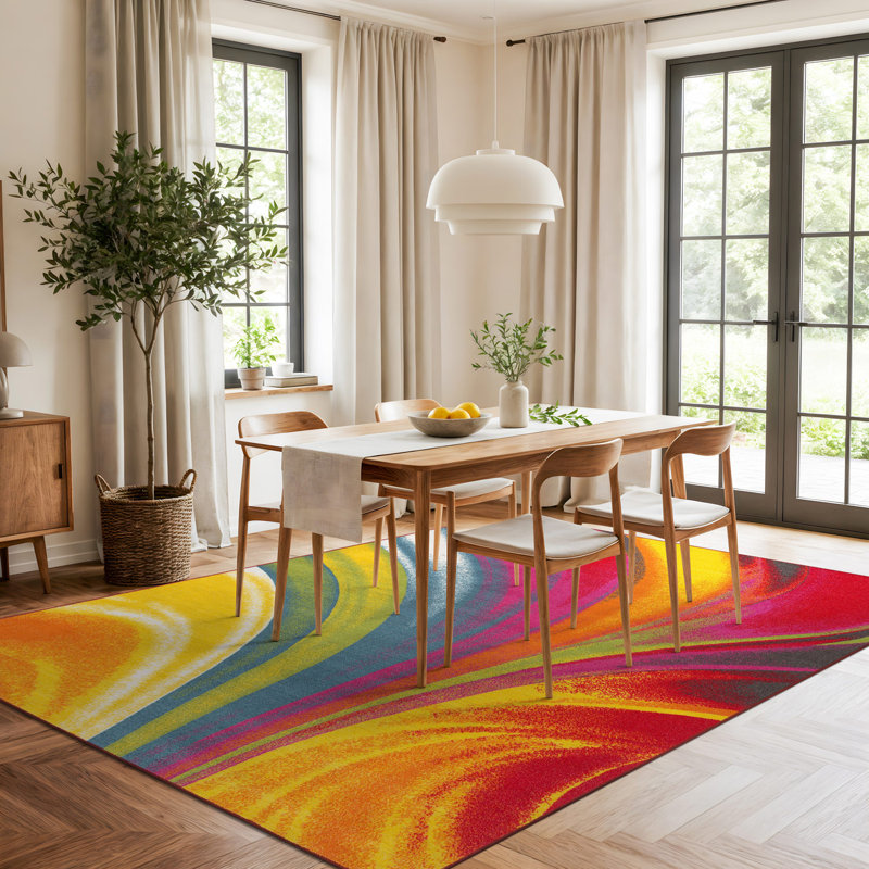 Akieba Abstract Tufted Blue/Orange/Pink Non-Slip Rubberback Area Rug, Rectangle 7'10" x 10'