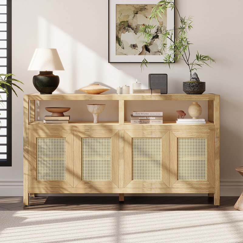 Bohemian Style Rattan Buffet Storage Cabinet With Solid Wood Frame, Sideboard With 3-Position Adjustable Shelves, No-Handle Push-To-Open Design