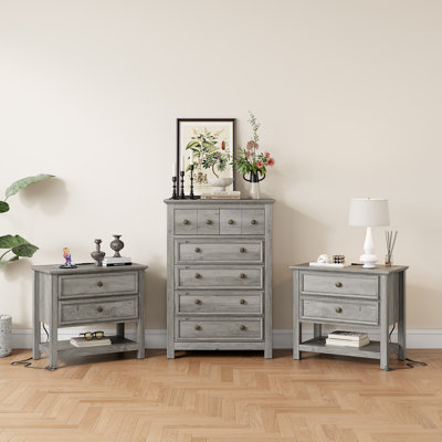 3 Piece Bedroom Dresser Set - 6 Drawer Dresser And Two 26.7''w 2-drawer Nightstand With Charging Station And Open Shelf,gray Wash
