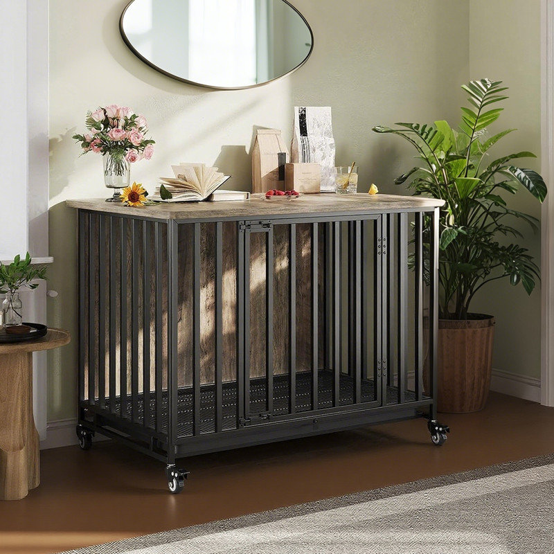 39 Inch Dog Crate Furniture with Removable Tray, Heavy-Duty Dog Cage with Lockable Wheels & Door