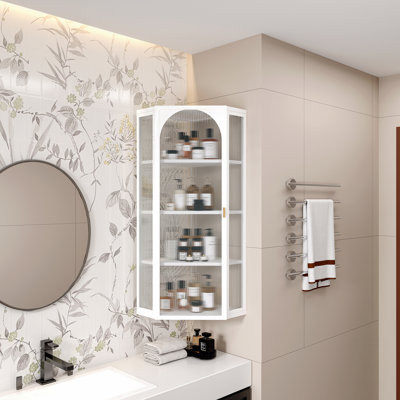 Glass Door Wall Mounted Corner Cabinet With Featuring Four-Tier Storage