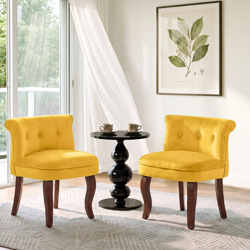 Chaise de coiffeuse capitonnée en velours avec pattes en bois massif, Yellow Velvet