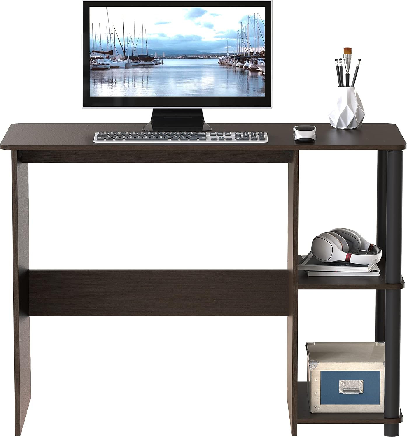 Latitude Run® Compact Home Office Desk With Open Shelves, Space-Saving