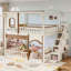 Lit superposé double au-dessus d'une chambre double avec escalier de rangement, fenêtre, bibliothèque latérale et espace inférieur convertible pour dormir ou jouer, structure en bois massif, beige et naturel profond-133491150