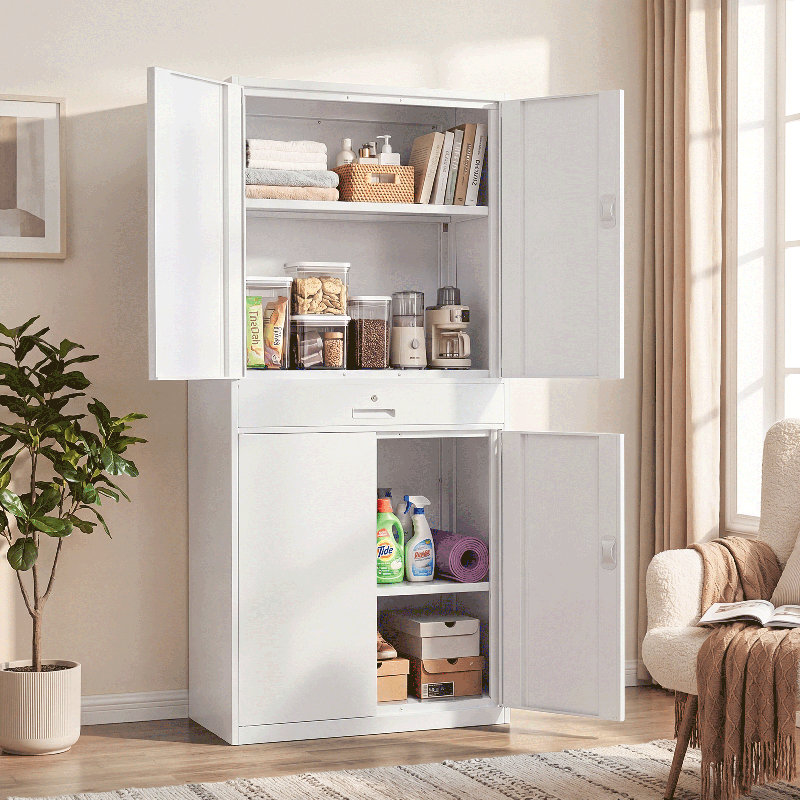 71" Metal Storage Cabinet, Garage Storage Organizer with Locking Doors, Drawer and Adjustable Shelves, White