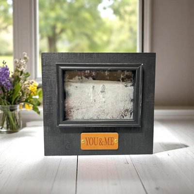 Black Wooden Photo Frame w/YOU & ME Embossed Leather Tag