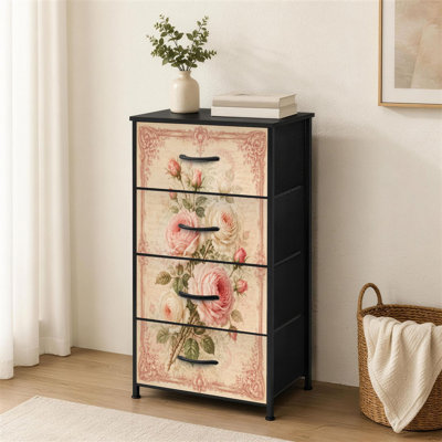 Commode à 4 tiroirs pour chambre à coucher Vintage Roses blanches roses avec cadre orné et petite commode haute pour organisateurs de placard avec commode