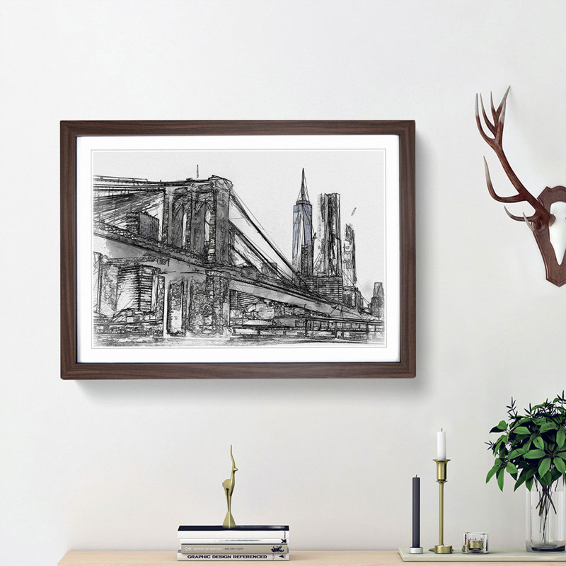 Brooklyn Bridge in New York in Abstract - Picture Frame Graphic Art Print, 36cm H x 48cm W x 2cm D, Walnut Framed