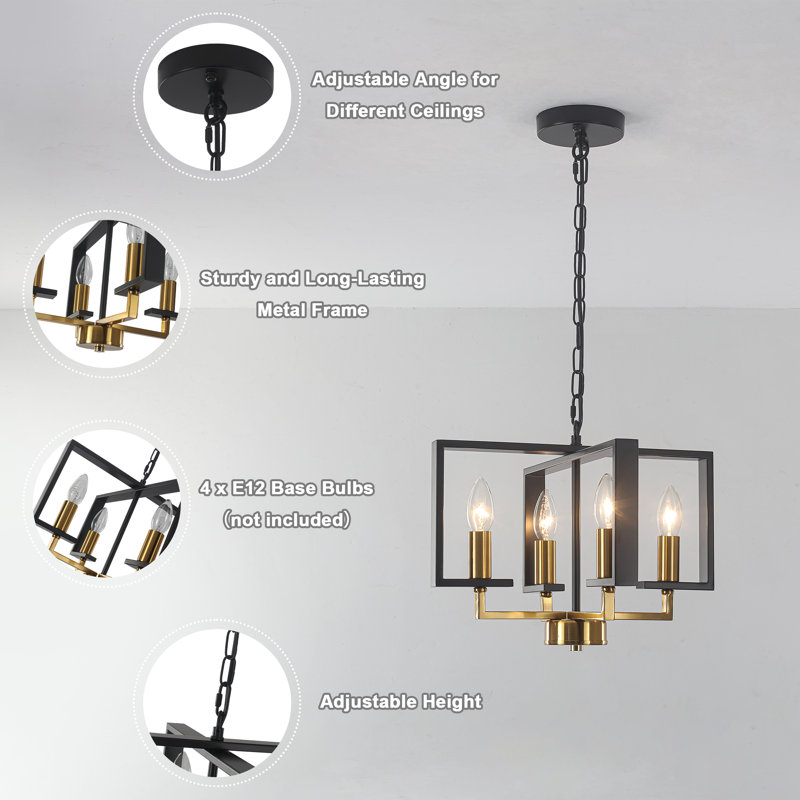 4-Light Industrial Modern Chandelier in Black and Gold Metal, Dimmable, Ideal for Kitchen Islands, Dining & Entryways