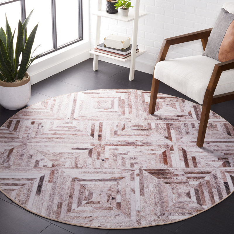 Tapis géométrique beige / brun, Rond 6 pi