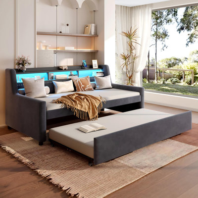 Twin Size Velvet Daybed with Pop Up Trundle and Bookcase Headboard, Metal Platform Bed Frame with LED Lights, Built-in Charging Station (2 AC Outlets, USB & Type-C Ports), Wood Slats Support, No Box Spring Needed