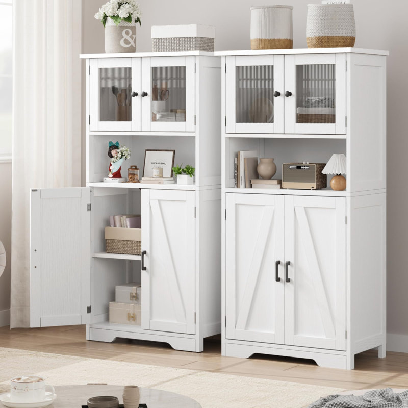 Armoire de rangement autoportante en lin avec portes en verre et tablettes réglables, armoire pour salle de bain, cuisine et salon