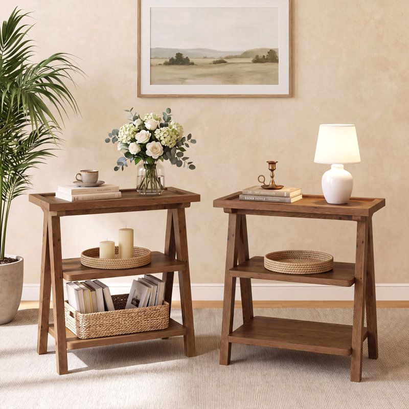 Table de bout étroite, table d'appoint en bois massif à 3 niveaux pour le salon, 2