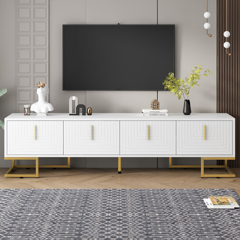 Modern TV Stand With Metal Legs And Gold Handles For Tvs Up To 80'', Media Console Table With Cabinets And Adjustable Shelves, Luxury TV Cabinet With Geometric Lines For Living Room