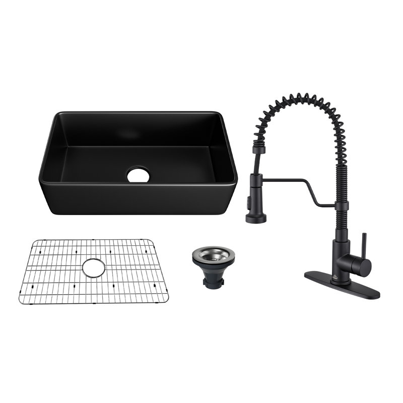 CASAINC Single Bowl Fireclay Farmhouse Kitchen Sink With Faucet Included, Matte Black