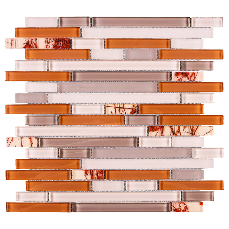 Natural 11.82 in. x 12.01 in. Interlocking Glossy Glass Mosaic Tile, Orange/Pink