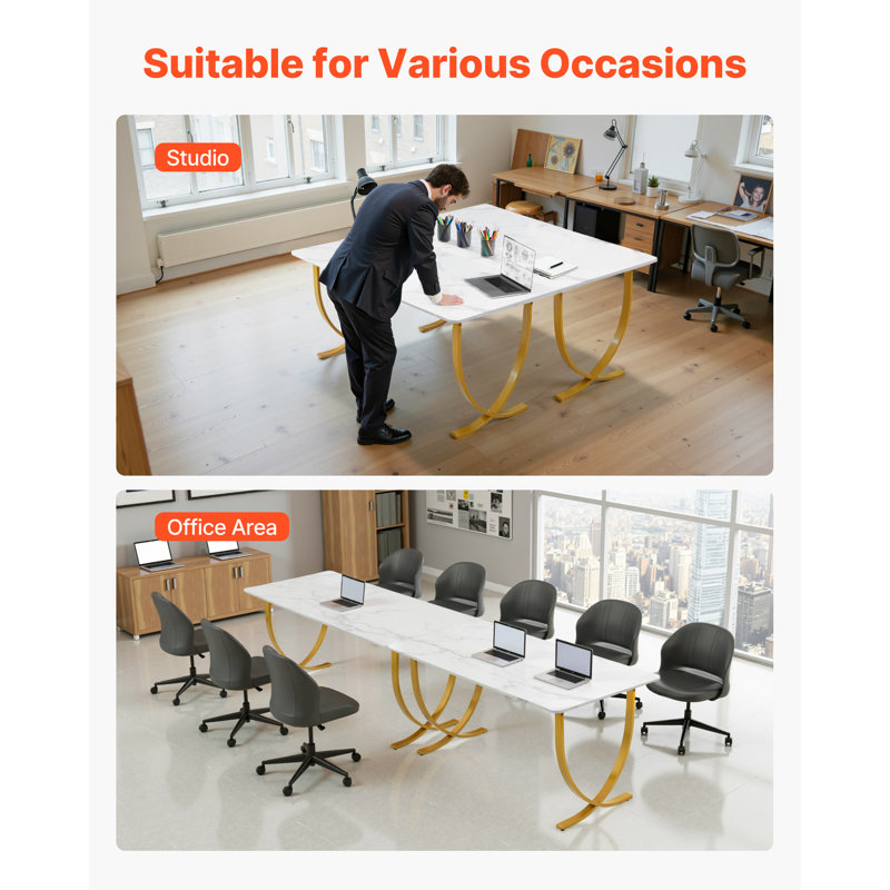 Bureau de direction, grand bureau de l 63 po x P 31,5 po, table de conférence moderne pour ordinateur, bureau agrandie pour bureau personnel, blanc et or
