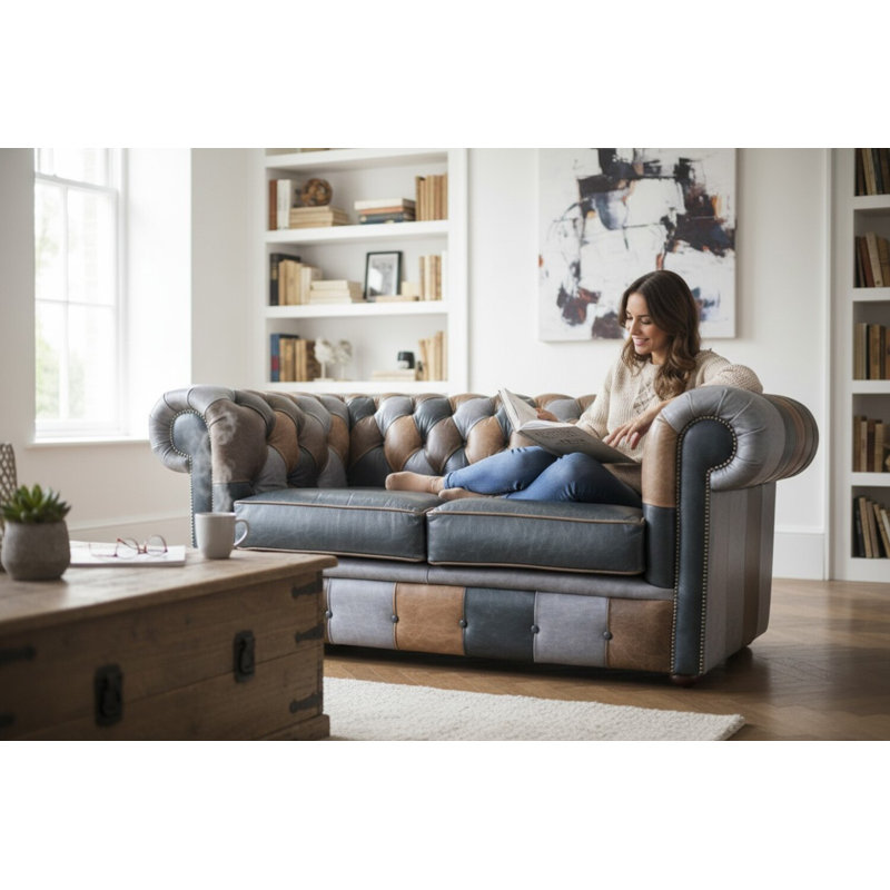 2 Seater Full Grain Leather Sofa, Cracked Wax Patchwork