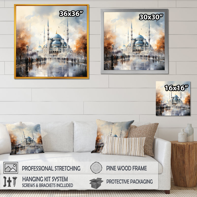 «Blue Turkish Mosque», Serenity II, art encadré, H 36 po x l 36 po x P 1,5 po, Cadre flottant doré