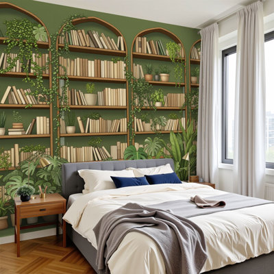 Peel and Stick Wallpaper Arched Wooden Bookshelves Indoor Plants Vintage Books Botanical Library Green Wall Murals 100"H x 144"W Removable PVC Wall Paper Self-Adhesive Wall Paintings Art Decor for Bedroom Living Room