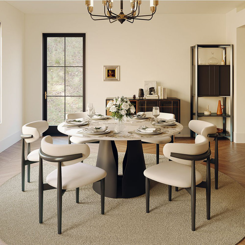 59" Vera Modern Round Dining Table, Sintered Stone Tabletop With Carbon Steel Pedestal Base for Kitchen, Black, Pandora
