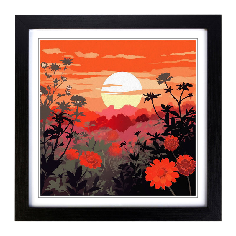 Japanese Sunset Floral No.2 - Single Picture Frame Print on Wood, Black