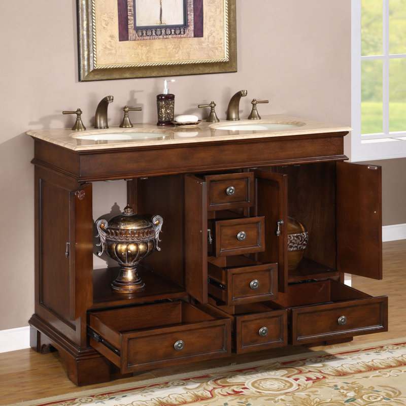 Ensemble de meuble-lavabo double 48 po Alberga, Pierre de travertin