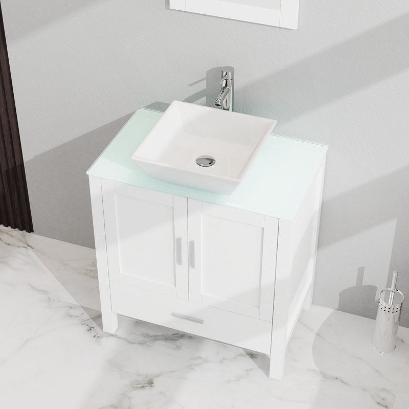 White Bathroom Vanity And Sink With Glass Top Cabinet. 18.5*30*31.5 Inch. 2 Doors, 1 Drawer. Spacious Storage. Smooth Surface. Construction. Quiet Operation. Adjustable Leveling 30" Mirror. Abundant
