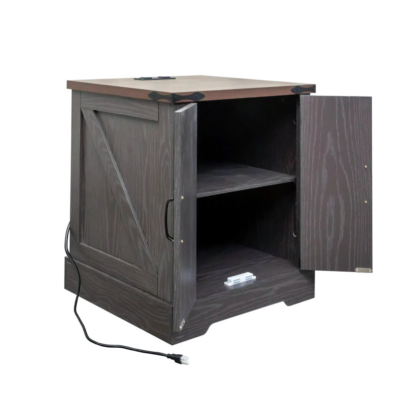 Table de bout style avec charge - Tablette latérale réglable en noyer gris et portes de grange rustiques pour chambre à coucher