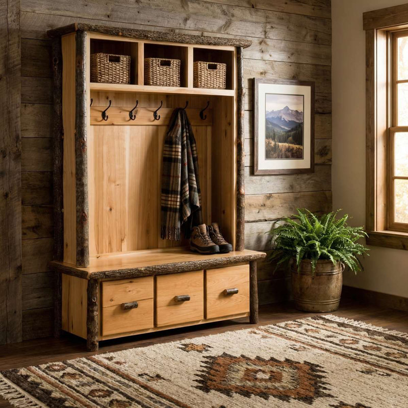 Casier d'entrée en rondins Fireside Lodge Hickory - Naturel, Noyer traditionnel