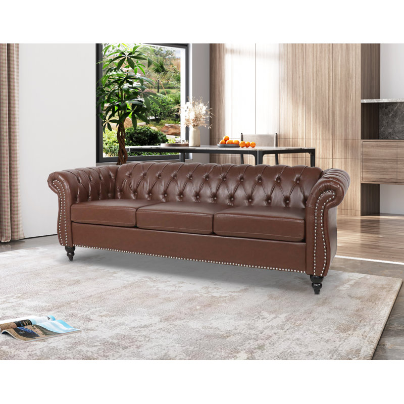 Annalena 84.65'' Faux Leather Sofa, Dark Brown Faux Leather