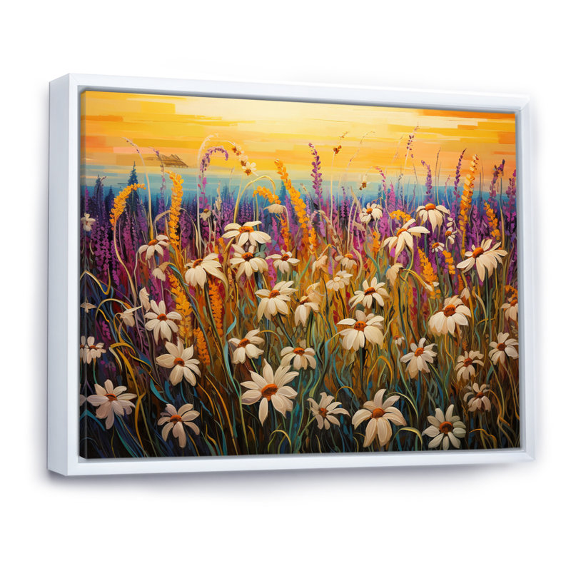 «White Wildflowers Waves Of Blooms», reproduction sur toile, Cadre flottant blanc, H 34 po x l 44 po x P 1,5 po