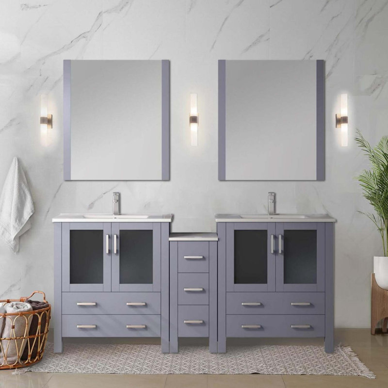 Meuble-lavabo double avec armoires latérales, ensemble de robinet, comptoir en céramique et miroirs