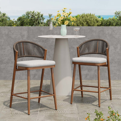 Outdoor Seat Height Aluminum Frame Counter Stools With PE Rattan Scallop-Shaped Backrest, Set Of 2