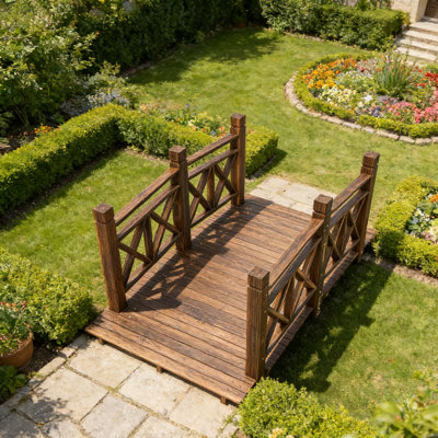4.9ft Garden Bridge, Classic Wooden Arch with Safety Rails  Footbridge, Decorative Pond Landscaping, Backyard, Creek or Farm