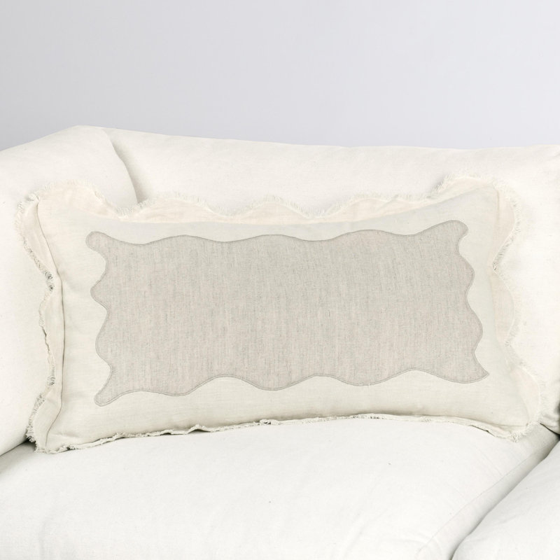 Ivory Linen Blend Rectangular Pillow with Embroidered Applique