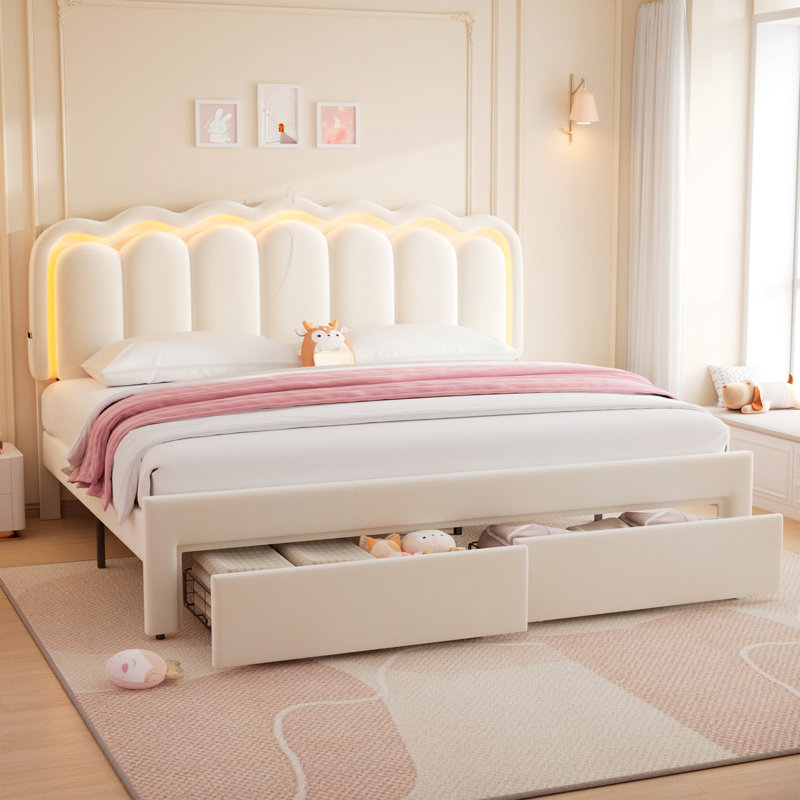 Daphne Upholstered LED Bed Frame With Drawer & Adjustable Headboard, Kids Beds, Beige, King